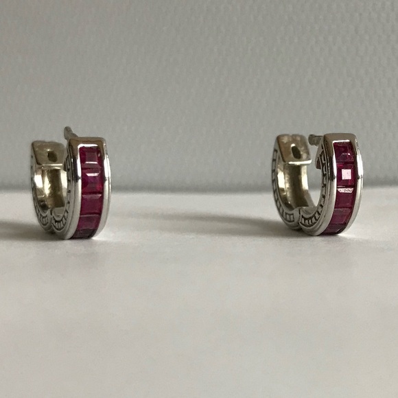 RUBY HOOP EARRINGS 14k White Gold Huggie Style Hoop Earrings July Birthstone - Picture 7 of 14